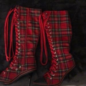 Red plaid tartan lace-up zip up knee high boots